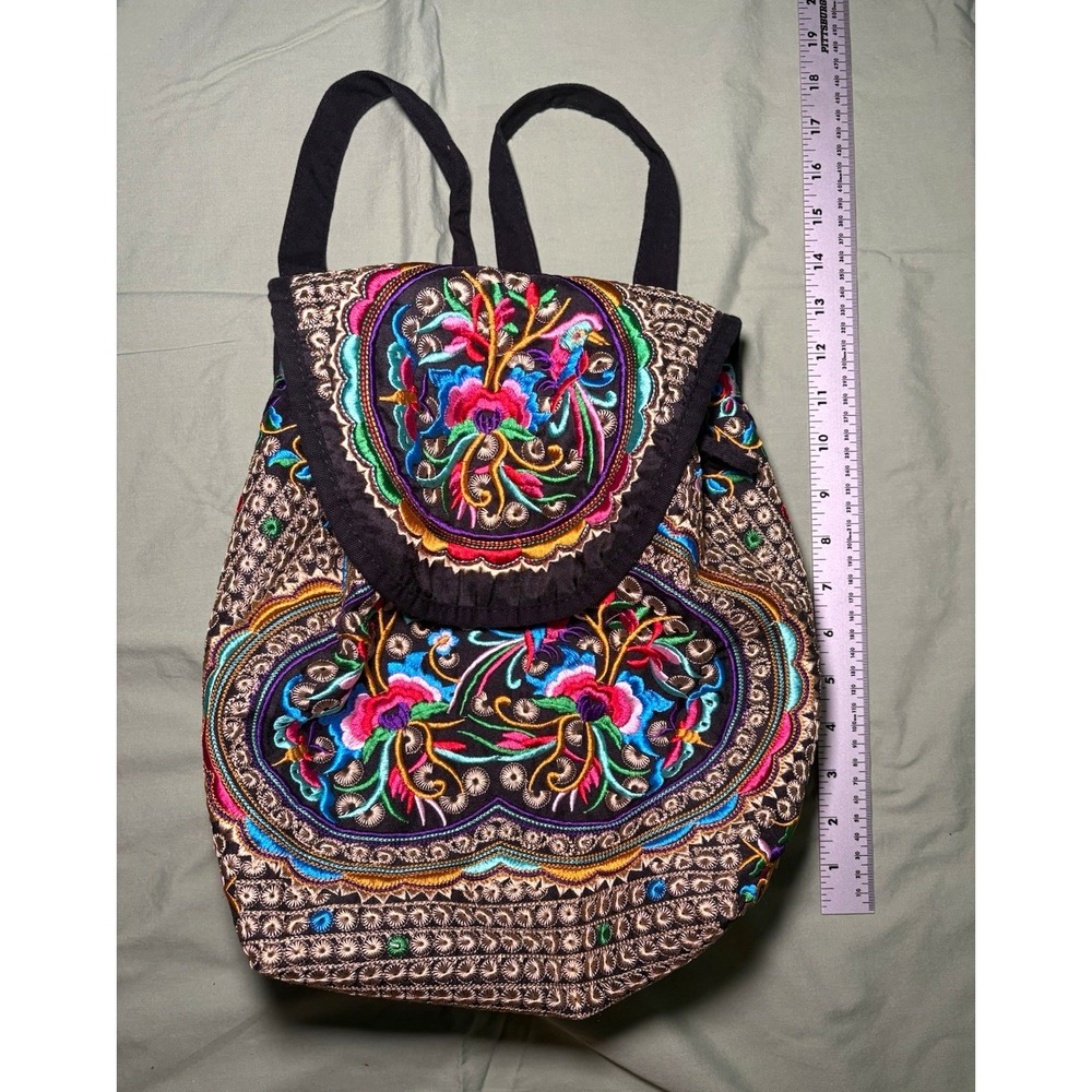 Women's Multicolor Embroidered Floral Backpack Drawstring Inner Pockets